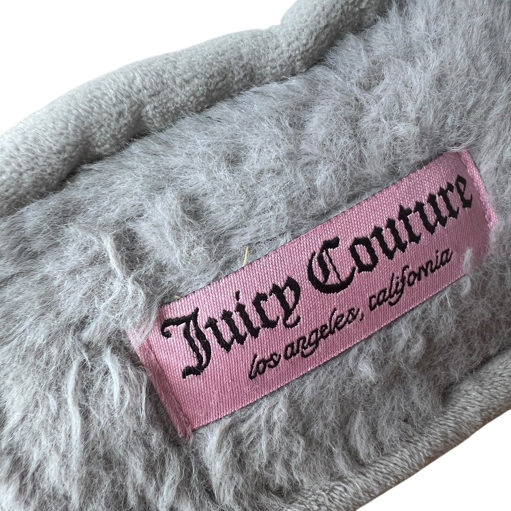 Juicy Couture Slide Slippers Womens M Grey Rhinestone Logo Faux Fur Plush - Picture 3 of 10